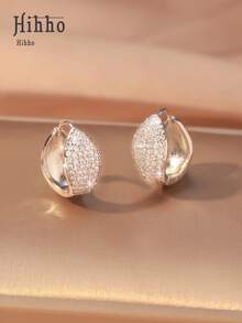 Hihho 1 Pair Luxury Cubic Zirconia Encrusted 3D Egg-Shaped Earrings, Fashionable & Elegant Jewelry Gift For Women - Egg-shaped - View 8