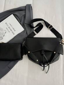 女士新款纯色软皮时尚休闲可调节肩带PU轻便单肩斜挎包 - 黑色 - 查看 6