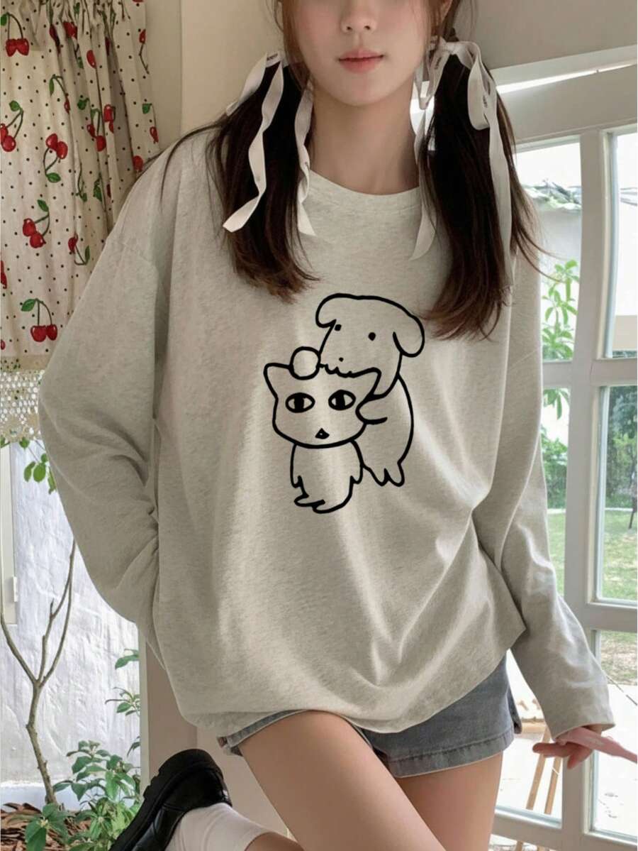 Áo thun cotton dài tay cổ tròn in họa tiết hoạt hình dáng rộng rãi cho nữ, thời trang & đa năng, mùa xuân/thu - Màu xám nhạt - Xem 1