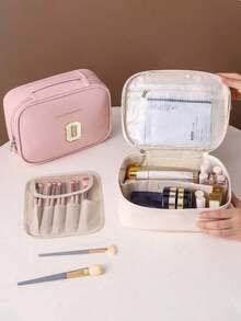 大容量双层化妆包，信封式化妆包，PU皮革防水化妆包，化妆品收纳包，轻便洗漱化妆包，带隔层的大容量洗漱包 - 粉色 - 查看 4