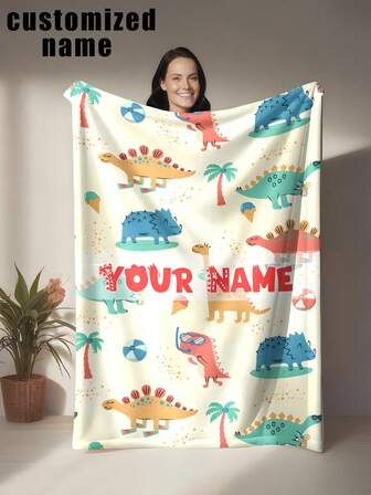 1pc Custom Dinosaur Alphabet Name Flannel Throw Blanket, Personalized Soft Warm Office Living Room Sofa Nap Blanket, Digital Printed All Seasons Use, Unique Gift Idea - Contemporary Style - Durable And Warm - Made With Soft And Comfortable Fabric Christmas Gifts