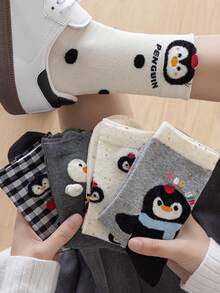 5双装女士可爱卡通动物、企鹅、字母印花时尚透气中筒袜 - 彩色 - 查看 11