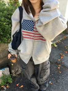 休闲宽松拉链卫衣外套，复古美式街头风 - 灰色 - 查看 4