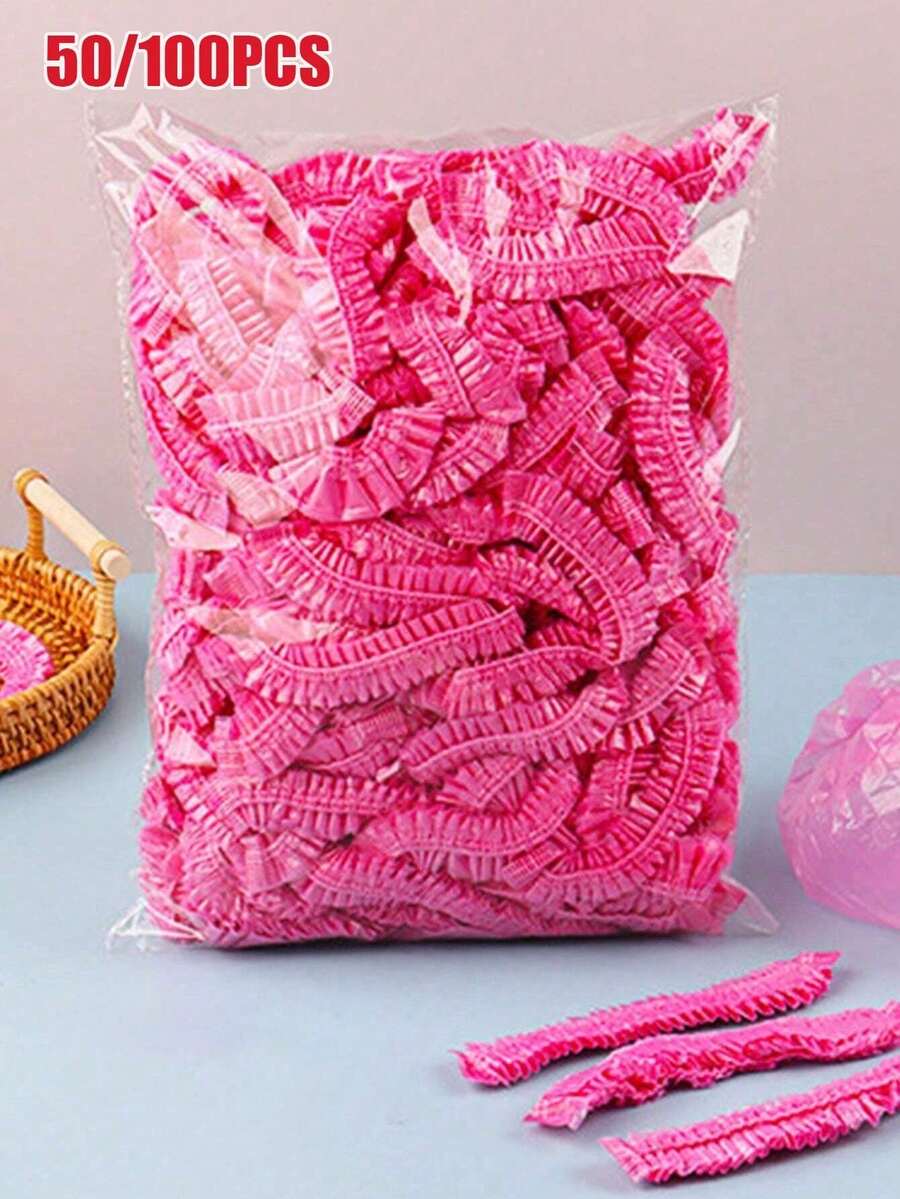 50/100 chiếc Mũ tắm dùng một lần, Mũ trùm tóc bằng nhựa trong suốt, Mũ tắm chống thấm nước dành cho nữ, Phụ kiện thiết yếu khi đi du lịch khách sạn, Sản phẩm dưỡng và làm sạch sâu, Trang trí phòng tắm gia đình, Trang trí mùa thu, Mùa tựu trường
