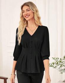 Women Business Casual Tops, 2026 Spring Dressy Blouses, 3/4 Sleeve Peplum Work Shirts V Neck Office Outfit - màu đen - Xem 9