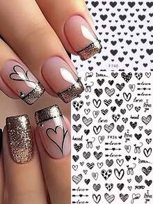 2 miếng dán móng tay hình trái tim 3D màu đen, họa tiết chấm tròn đơn giản chủ đề tình yêu, tự dính, dùng để trang trí móng tay, làm móng tại nhà, đám cưới, ngày Valentine. - màu đen - Xem 1