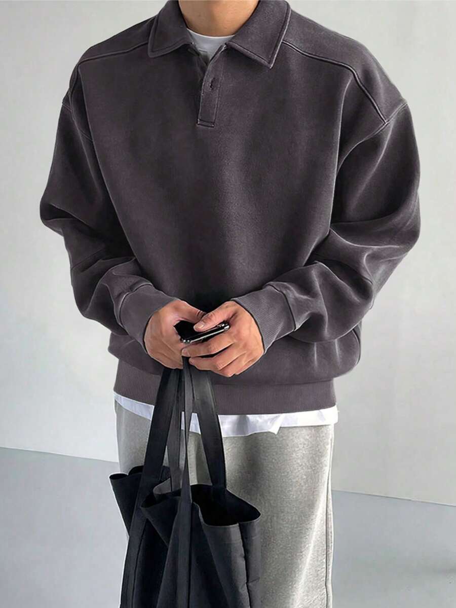 男士纯色 Polo 领绒面革宽松休闲长袖运动衫 - 时尚百搭秋冬风格 - 灰色 - 查看 1