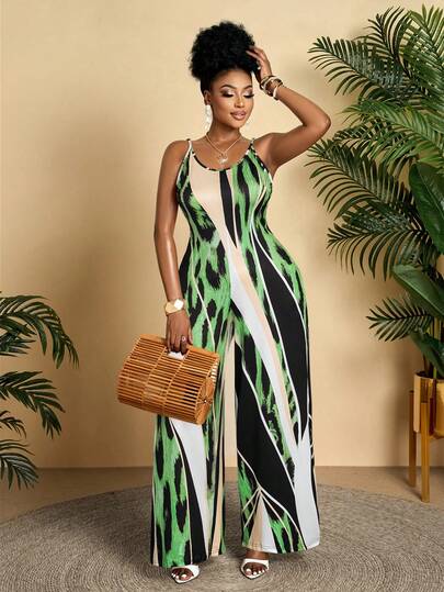 BIUBIU New Plus Size Women's Casual Vacation Beach Leopard Digital Printed Camisole Jumpsuit Wide-Leg Pants For Spring And Summer