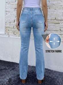 Women's Vintage Stretchy Flared Denim Jeans- Comfortable For Everyday Casual - 淺色水洗藍1 - 查看 3