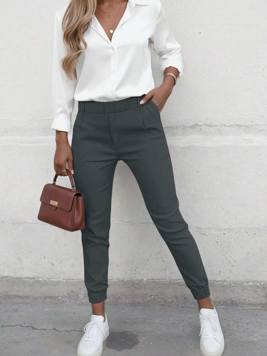 秋冬款，优雅高腰修身女裤 - 纯色黑色，涤纶，可机洗，带斜插口袋和纽扣细节，非常适合工作、休闲装和通勤 - 深灰色 - 查看 1