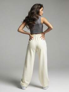 Comfortable Women's Wide-Leg Sweatpants, Soft, Structured Fit, Casual, Basic, Plain, With A Faux Drawstring. - Cream - View 5