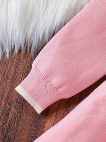 1 chiếc váy len dài tay màu đen cổ xanh navy thời trang đa năng, viền nút ngọc trai giả, viền bèo kem - Hồng - Xem 4