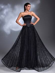 Vestido maxi de encaje plisado 2 en 1 con cuello de volantes y dobladillo de cuentas, hecho a mano de manera elegante y lujosa por AMILUCK. Adecuado para banquetes formales, fiestas de noche, alfombra roja y vestidos de invitada de boda. Color negro, primavera. - Negro - Ver 7