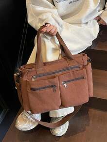 Fashionable Minimalist Large Capacity Multi-Pocket Shoulder Tote Bag, Crossbody Bag, Briefcase, Suitable For School, Work, Travel, Business Trip - Brown - View 2