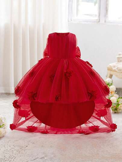 Baby Girls Solid Color Round Neck Bow Floral Mesh Cute Birthday Party Trailing Dress, Suitable For Wedding Flower Girl, Vacation, Evening Party, Does Not Include Headband