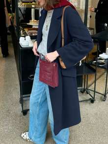 女式长袖纯色口袋羊毛风衣，双排扣羊毛大衣，田园风格女装，女装秋装，女装冬装，万圣节服装，圣诞女装，沙特国庆节，女士外出上衣，绿色上衣，紫色上衣，格子上衣，婚礼上衣，白色民用婚纱，优雅女式衬衫 - 藏蓝色 - 查看 9