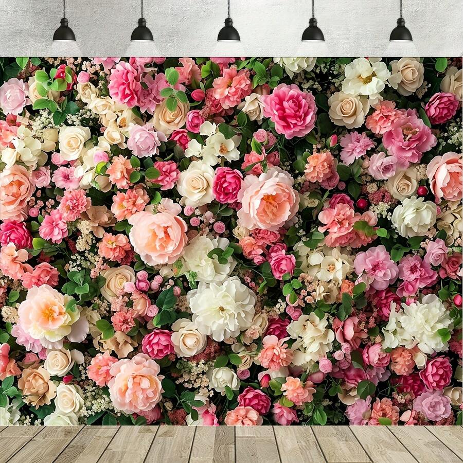 1 pièce Toile de fond florale en polyester pour photographie, convient pour le mariage de la mariée, la fête, la décoration de la Saint-Valentin, les fournitures de fête, les fournitures d'anniversaire, la décoration des fêtes - Multicolore - Voir 1