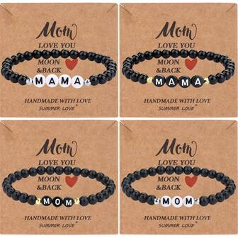 1pc Mom Love You To The Moon & Back Card 6mm Glossy Black Glass Mom/Mama Elastic Bracelet, Mother's Day Gift