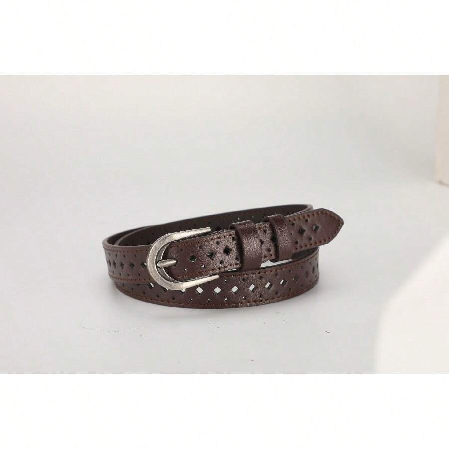 Women's Vintage Mesh Web PU Belt - Adjustable Waist Belt For Retro & Bohemian Style, No-Hole Design With Alloy Buckle (Black, Coffee, 0014#2) - 咖啡 - 查看 1