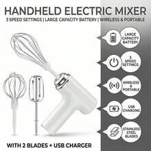USB Rechargeable Handheld Electric Whisk - Powerful 6-Speed Mixer For Baking, Eggs, Cream & Cookies, Lightweight With Detachable Beaters (White/Pink) - trắng - Xem 7