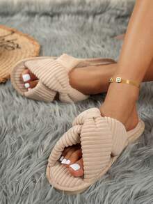 Women's Casual Fabric Criss-Cross Slippers, Comfortable Home Wear, Autumn/Winter,Fluffy Slippers