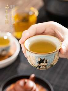 汝窑可爱猫咪圆鼎杯，陶瓷功夫茶具茶杯，手绘猫主人杯，家用茶碗单杯，汝窑瓷器茶碗茶道配件 - 彩色 - 查看 3
