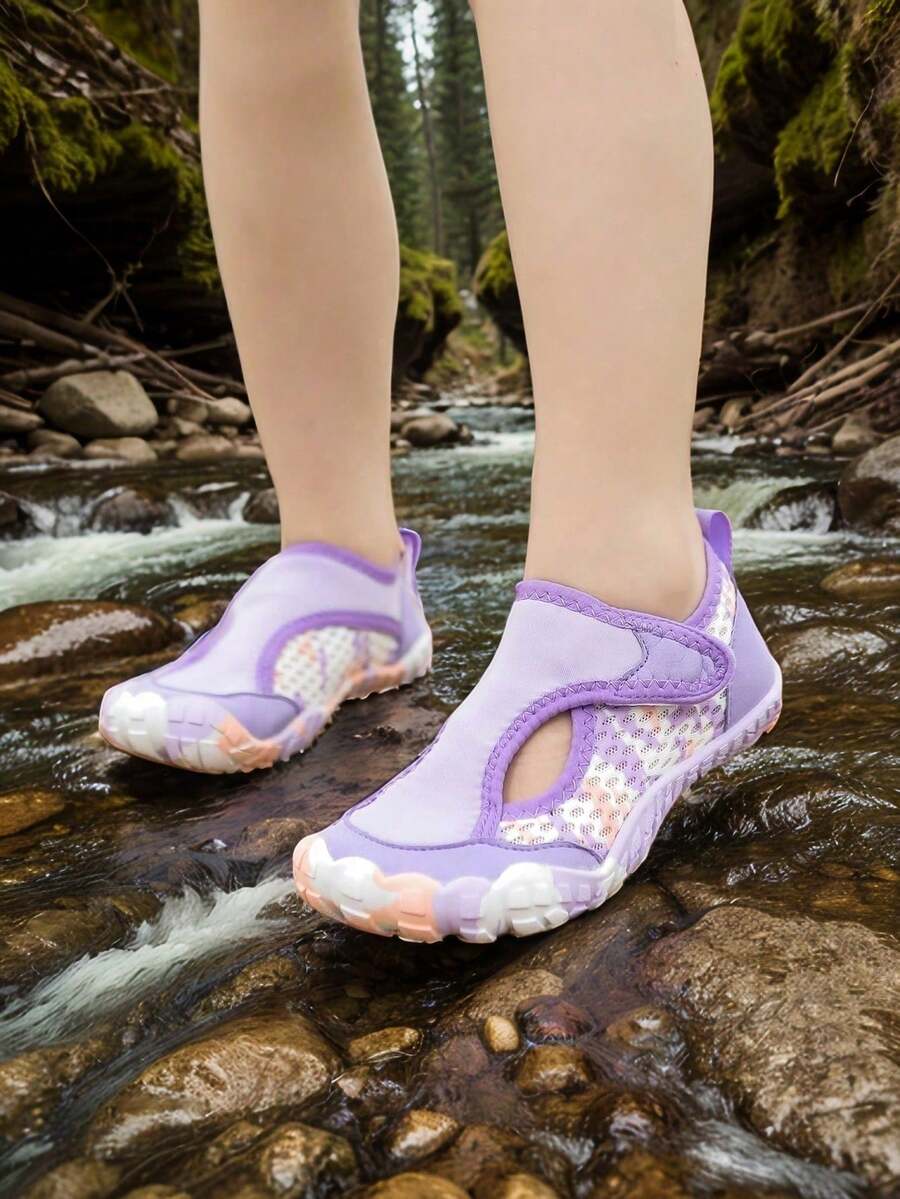 Kids Summer New Aqua Shoes, Fashionable Print, Breathable Mesh Upper, Low-Top Hook And Loop Closure, Quick-Dry Barefoot, Girls Beach/Swimming Shoes, Rubber Non-Slip Sole, Outdoor Cycling, Indoor Fitness Yoga Running Jumping Multifunctional Training Shoes - Mauve Purple - View 1