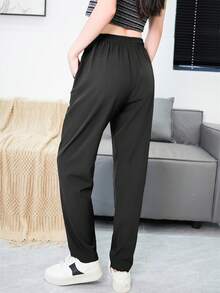 Calça feminina leve, casual, esportiva, de perna reta, com bolsos com zíper, cintura elástica, ideal para exercícios e uso diário, primavera/outono (1 peça). - Preto - Ver 6