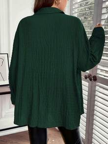 Womens Plus Size Shirts Long Sleeve Lapel Collar Solid Color Button Down Tops Fall Blouse - Green - View 7