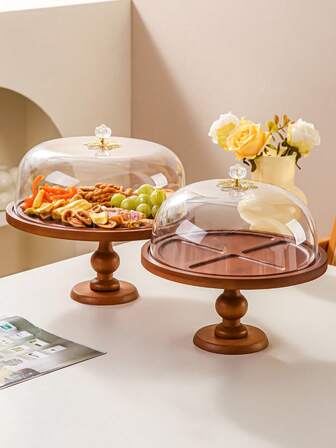 1pc Round Compartment Snack Plate, Bamboo Wood Tray With Cake Cover, Melon Seed Dish, Fruit Platter, Nuts Plate, Living Room Tea Table Decor, Suitable For Living Room Tea Table, Dining Table, Holiday Fruit Plate