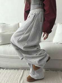 High Waist Loose Fit American Flag & Letter Print Casual Wide Leg Sweatpants - Light Grey - View 2