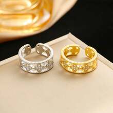 Anillo de Trébol de Cuatro Hojas Hueco, Zirconia Cúbica Brillante, Chapado en Oro/Plata, Ajustable y Retro - Ideal para Regalos de Cumpleaños y Aniversario - Oro - Ver 9