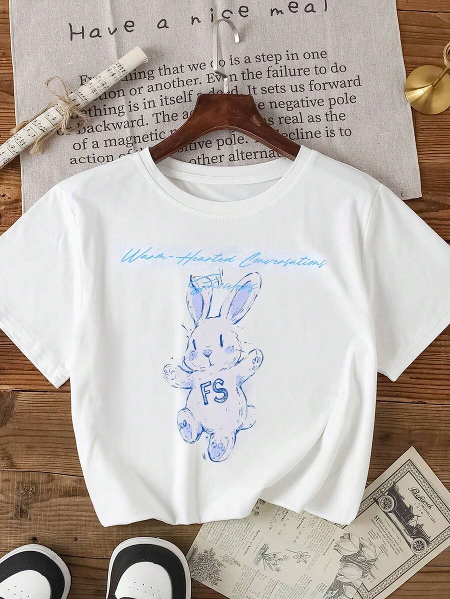 女士夏季休闲时尚趣味兔子印花 T 恤 - 白色 - 查看 1