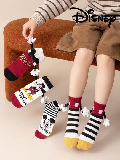 Disney 4 Pairs Cute 3d Hand-Holding Socks Mickey And Mickey Children's Christmas Knee-High Socks, A Fashionable Children's High Sock Party, A High-Quality Gift. School Is Back In Session, Fun And Fashionable Little Fans, Family Party Christmas Gift Hand-Holding Socks