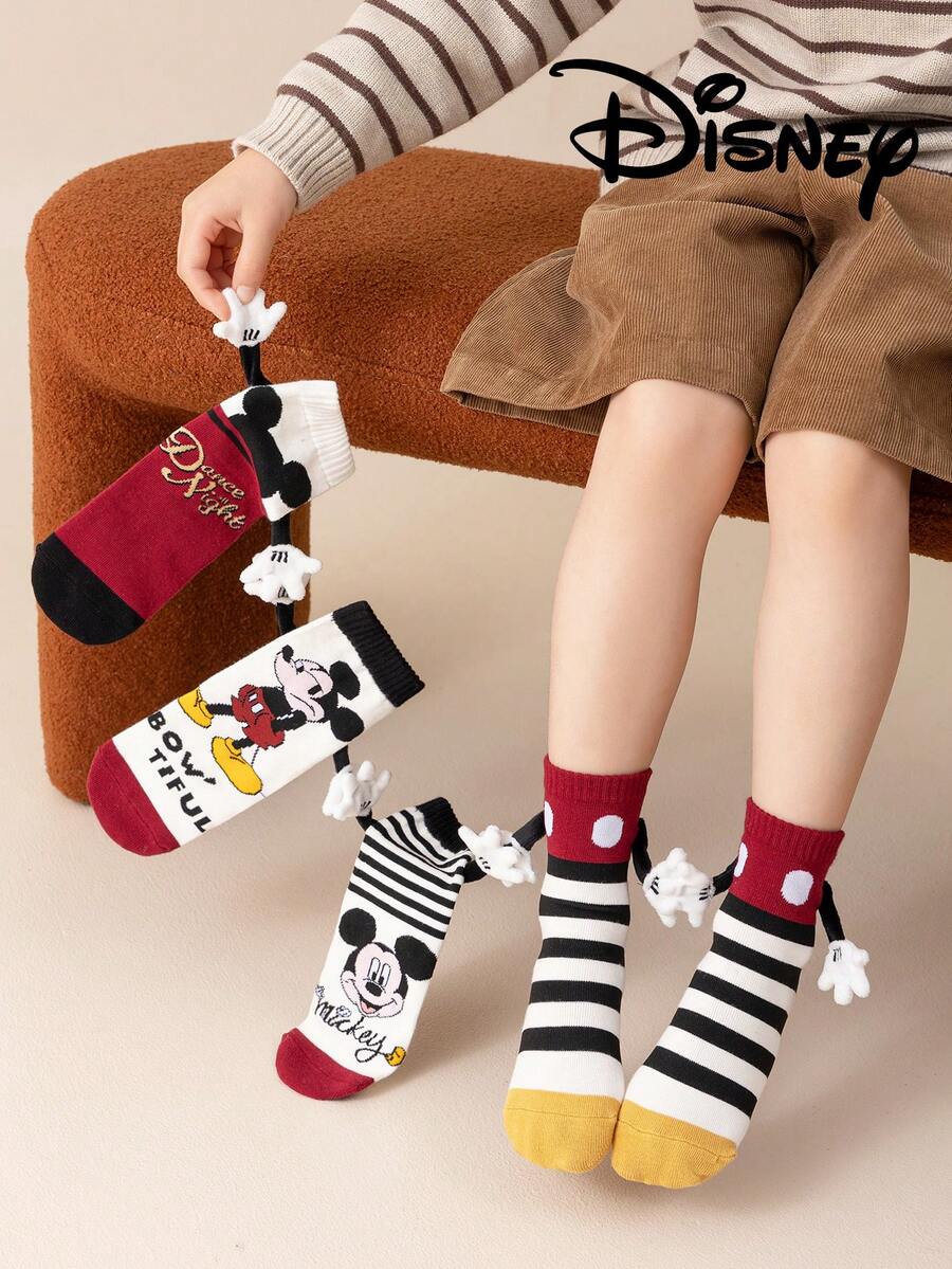 Disney 4 Pairs Cute 3d Hand-Holding Socks Mickey And Mickey Children's Christmas Knee-High Socks, A Fashionable Children's High Sock Party, A High-Quality Gift. School Is Back In Session, Fun And Fashionable Little Fans, Family Party Christmas Gift Hand-Holding Socks