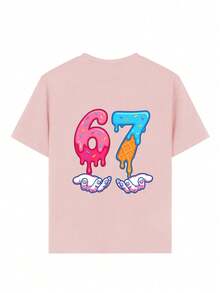 Girls' Creative "67" Ice Cream Cartoon Print T-Shirt, Fashionable Summer Top For Young Girls - Pink - View 7