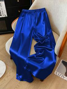 1 chiếc quần dài bằng vải dệt màu trơn, có dây rút ở eo, thích hợp cho kỳ nghỉ, du lịch, đi học, dự tiệc, sân bay, biểu diễn sân khấu và hòa nhạc, mùa thu/đông với chất liệu bóng mượt. - Màu xanh lam - Xem 2