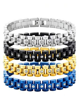 1 paquete de pulsera simple con cadena cubana de acero inoxidable 304 con baño de oro de 18 quilates y adornos de strass