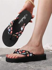 Women's Flat Flip Flops, Bohemian Style Thong Sandals, New Summer Versatile Beach Holiday Shell Pattern Slippers, Beige/Black/Yellow, Beach, Vacation, Elegant, Fashionable All-Match Beach, Office, Home Outdoor Wear - Black - View 2