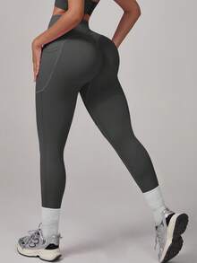 Seamless High Elastic Hip Lift Abdominal High-Waist Sports Leggings For Women, Women Both Sides Of The Pocket Design Leggings,Comfortable Breathable Leggings Suitable For Yoga Fitness Running, Multi-Color Optional (Black/Blue/Gray/Hot Pink/Brown) - Xám - Xem 5