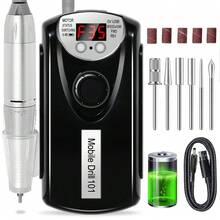 便携式专业美甲钻 35000 RPM，可充电电动指甲锉机，电子锉刀，用于丙烯酸凝胶抛光去除，无线电子锉刀带批头套件，适用于美甲沙龙家庭，美甲工具，黑色