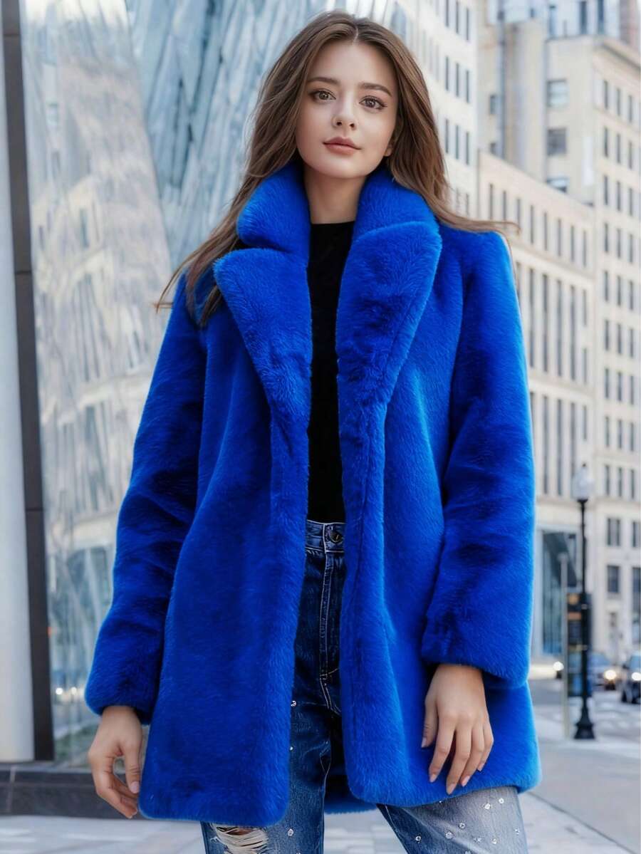 FHILLINUO Manteau en fausse fourrure bleu royal pour femmes, manches longues, col châle, longueur cuisse, avec poches, tissu non extensible, chaud pour l'hiver, convient pour Noël, le Nouvel An et d'autres occasions - bleu indigo - Voir 1
