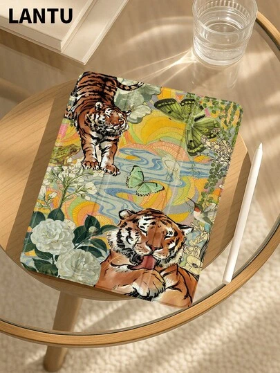 1pc Vintage Tiger & Floral Brush Painting Design Tablet Protective Case, Compatible With Apple IPad 10.2" / IPad Pro 11" 2020/2021, IPad (A16) 11" 11th Gen 2025, IPad 9th/10th Gen, Apple Air 4th 10.9", Galaxy Tab S6 Lite 10.4", /, Anti-Drop, Pencil Slot, Sleep/Wake Support, Romantic Gift For Friends & Family