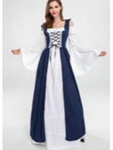 Medieval Renaissance Vintage Waist Dress, Halloween Costume Set - Royal Blue - View 16