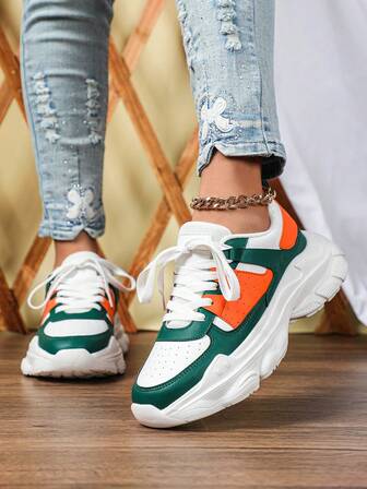 Combinaciones de colores alegres inspiradas en la dopamina en blanco, verde y naranja para faldas y pantalones, zapatos frescos de otoño, zapatos de mujer de tacón alto, transpirables y cómodos, zapatos de plataforma de cuña de puntera redonda y cordones para todo el año, zapatillas de fiesta y celebraciones, regalo de vacaciones