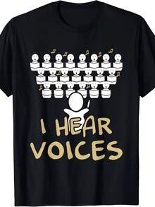 Camiseta Divertida para Profesor de Coro con Estampado Gráfico "Escucho Voces" con Miembros de Coro Cantando y Notas Musicales, Camiseta Negra Casual de Cuello Redondo para Adultos, Regalo Humorístico para Amantes de la Música, Diseño de Dibujos Animados Duradero para Miembros de Coro, Esencial para el Guardarropa de Primavera, Verano y Otoño. - Negro - Ver 1