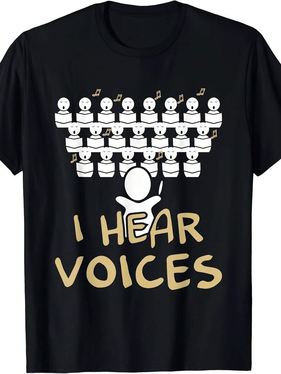 Camiseta Divertida para Profesor de Coro con Estampado Gráfico "Escucho Voces" con Miembros de Coro Cantando y Notas Musicales, Camiseta Negra Casual de Cuello Redondo para Adultos, Regalo Humorístico para Amantes de la Música, Diseño de Dibujos Animados Duradero para Miembros de Coro, Esencial para el Guardarropa de Primavera, Verano y Otoño. - Negro - Ver 1