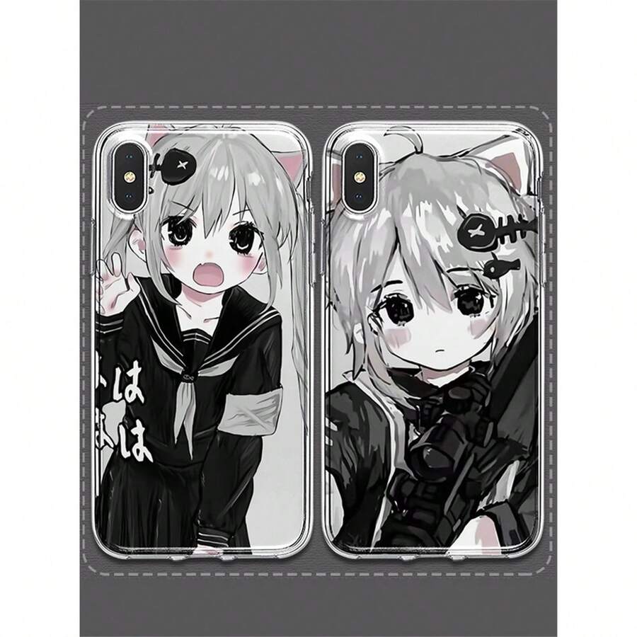 Anime Cat-Ear Girl  Case – kawaii cartoon wrap Fits every Apple size: 17 / 16 series / 15 series / 14 series / 13 series / 12 series / 11 Pro-Max / 8 / X / XS Smudge-proof, fashion-cute, -drop ready. - Blanco y Negro - Ver 1