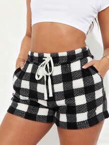 Womens Plaid Shorts Casual Elastic Waist Drawstring Mini Lounge Shorts With Pockets For Daily - Negro - Ver 6
