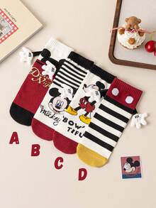 Disney 4 Pairs Cute 3d Hand-Holding Socks Mickey And Mickey Children's Christmas Knee-High Socks, A Fashionable Children's High Sock Party, A High-Quality Gift. School Is Back In Session, Fun And Fashionable Little Fans, Family Party Christmas Gift Hand-Holding Socks